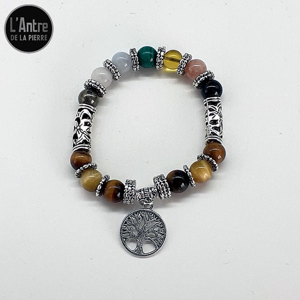 Tout Nouveau Bracelet 7 Chakras avec des Pierres de 8 mm et de Nombreux Décors en Métal dont un Arbre de Vie et de Nobles Pierres