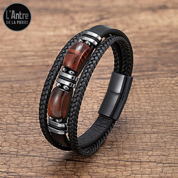 Bracelet en Véritable Cuir Noir et deux Pierres Naturelles Rectangulaires en Œil de Taureau