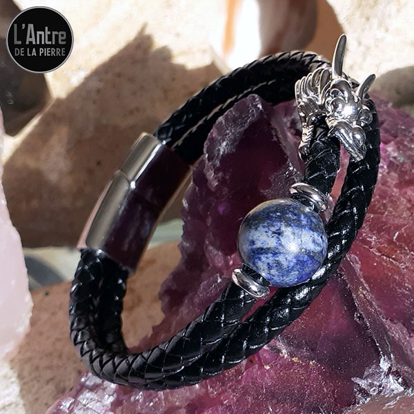 Bracelet en Véritable Cuir Noir avec une Pierre Naturelle en Lapis Lazuli et une Tête de Dragon en Acier Argenté