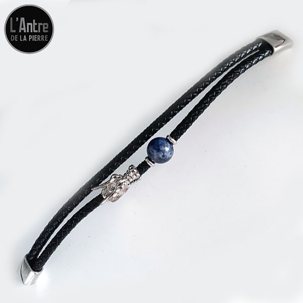 Bracelet en Véritable Cuir Noir avec une Pierre Naturelle en Lapis Lazuli et une Tête de Dragon en Acier Argenté