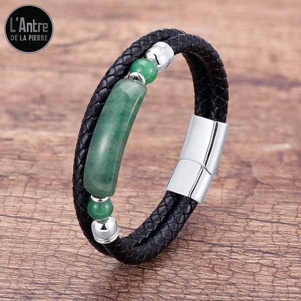 Bracelet en Véritable Cuir Noir avec une Longue Aventurine Rectangulaire Naturelle avec un Fermoir en Acier Argenté