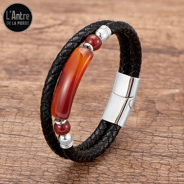 Bracelet en Véritable Cuir Noir avec une Longue Pierre en Cornaline Rectangulaire Naturelle de 4 cm et un Fermoir en Acier Argenté