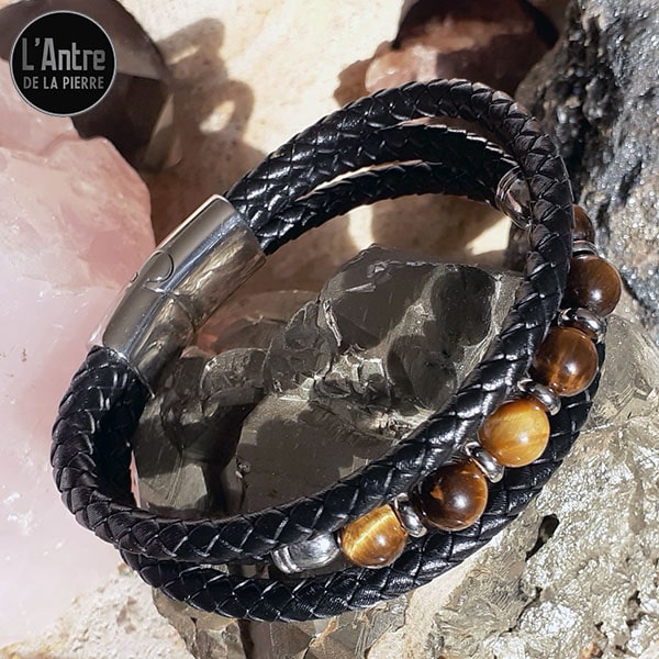 Bracelet Cuir Noir avec Perles de Pierres Naturelles pour Homme