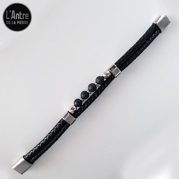 Bracelet en Véritable Cuir Noir avec 4 Pierres de Lave Naturelles de 8 mm et des Décors en Acier Argenté