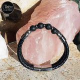 Bracelet en Véritable Cuir Noir avec 4 Pierres de Lave Naturelles de 8 mm et des Décors en Acier Argenté