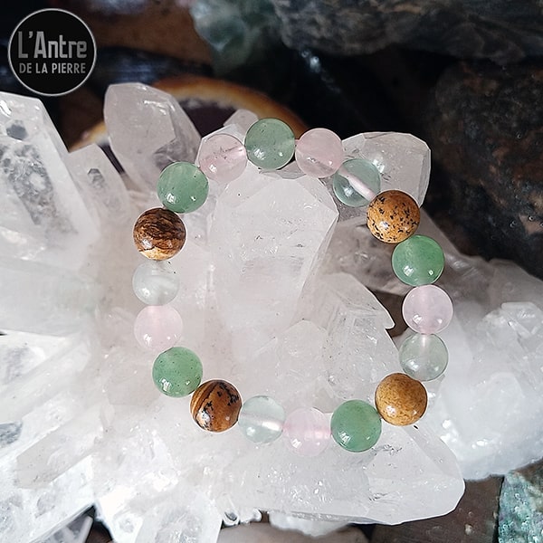 Bracelet avec Aventurine Verte Fluorine, Jaspe Paysage et Quartz Rose Boules de 8 mm