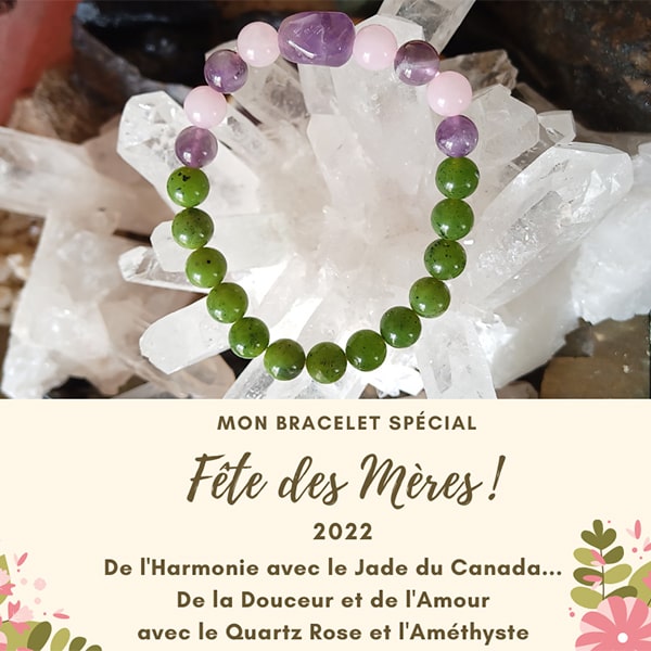 Mon Bracelet Fêtes des Mères 2022 en Jade Néphrite Vert du Canada de Qualité A Quartz Rose Boules de 8 mm et une Pépite Améthyste