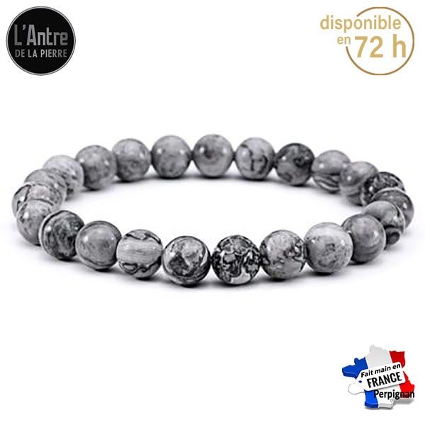 Bracelet en Jaspe Gris de Grade A Boules de 8 mm