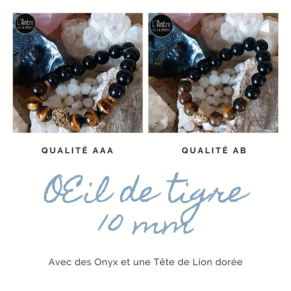Bracelet Pierres Naturelles en Onyx Noir et Œil de Tigre d'Afrique du sud de 10 mm et de Qualité AAA avec une Tête de Lion Dorée Antique