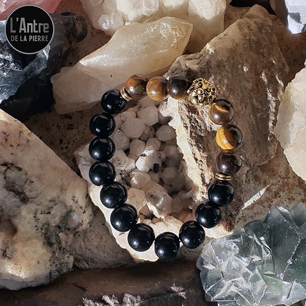 Bracelet Pierres Naturelles en Onyx Noir et Œil de Tigre de Qualité AB de 10 mm avec une Tête de Lion Dorée Antique