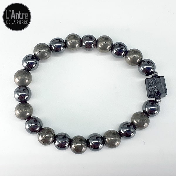 Bracelet avec de la Tourmaline Noire Brute, de la Pyrite de Fer et de l'Hématite Boules de 8 mm