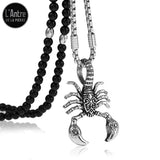 Collier Perles d'Agates Noires et Mailles en Acier Inoxydable avec un Scorpion en Pendentif