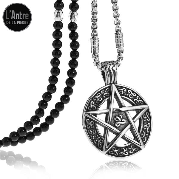 Collier Perles d'Agates Noires et Mailles en Acier Inoxydable avec un Pentagramme en Pendentif