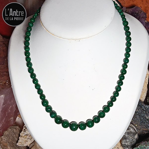 Collier en Malachite du Congo de Qualité AA, Boules Dégradées de 5 à 12 mm