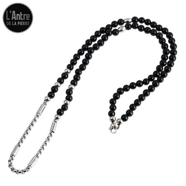 Collier Perles d'Agates Noires et Mailles en Acier Inoxydable avec un Crâne aux Yeux Rouges en Pendentif