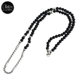 Collier Perles d'Agates Noires et Mailles en Acier Inoxydable avec une Belle Croix en Pendentif