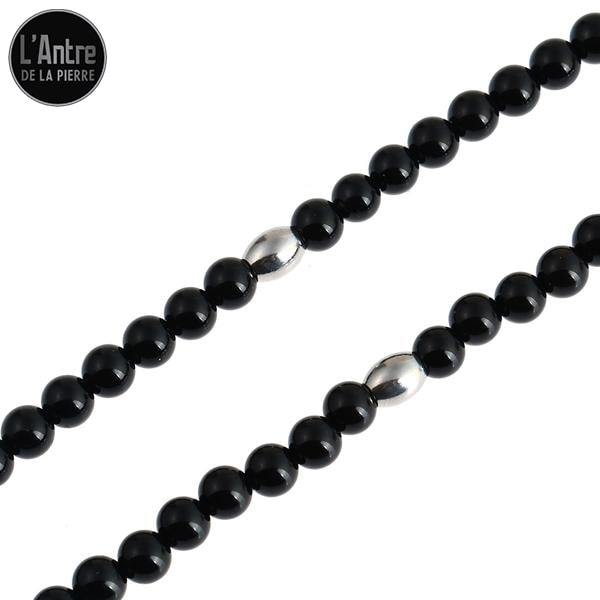 Collier Perles d'Agates Noires et Mailles en Acier Inoxydable avec un Crâne aux Yeux Rouges en Pendentif