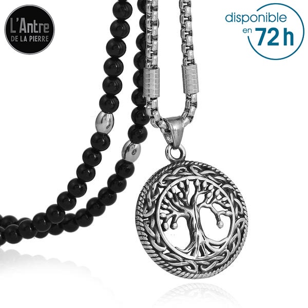 Collier avec des agates onyx noires et mailles en métal avec un pendentif arbre de vie