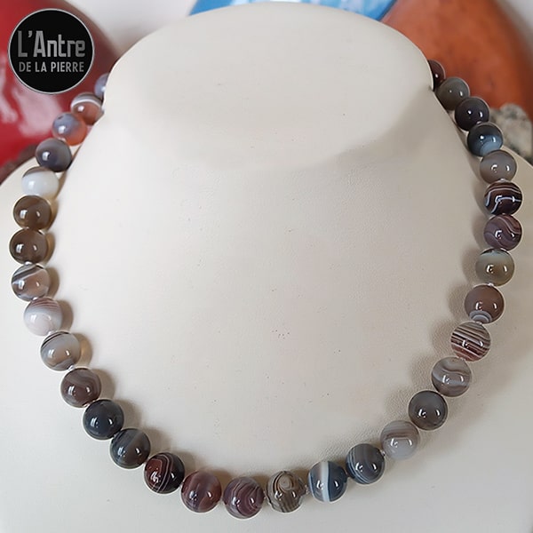 Collier en Agate du Botswana de Qualité A Boules de 10 mm et de 45 cm de Longueur