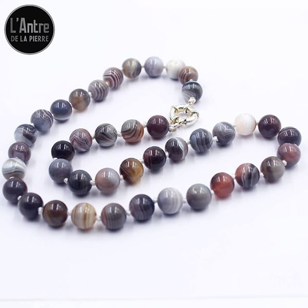 Collier en Agate du Botswana de Qualité A Boules de 10 mm et de 45 cm de Longueur