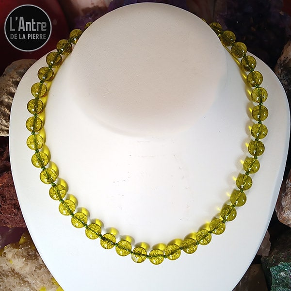 Collier en Péridot ou Olivine ou Chrysolite d'Inde de Qualité A+ avec des Boules de 10 mm et une Longueur de 45 cm