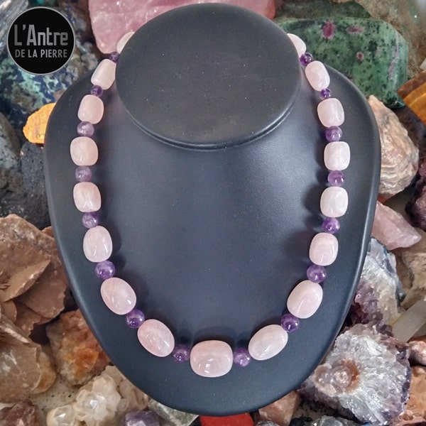 Commande Danielle V. - Collier Aigue-Marine, Cristal de Roche et Lapis-Lazuli Boules de 8 mm avec un Pendant Cœur Lapis Lazuli et Collier Quartz Rose Cubique et Améthyste Boules de 6, 8 et 10 mm