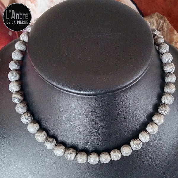 Réalisation d'un Collier Ras de Cou en Jaspe Gris Boules de 8 mm de 38 cm + 5