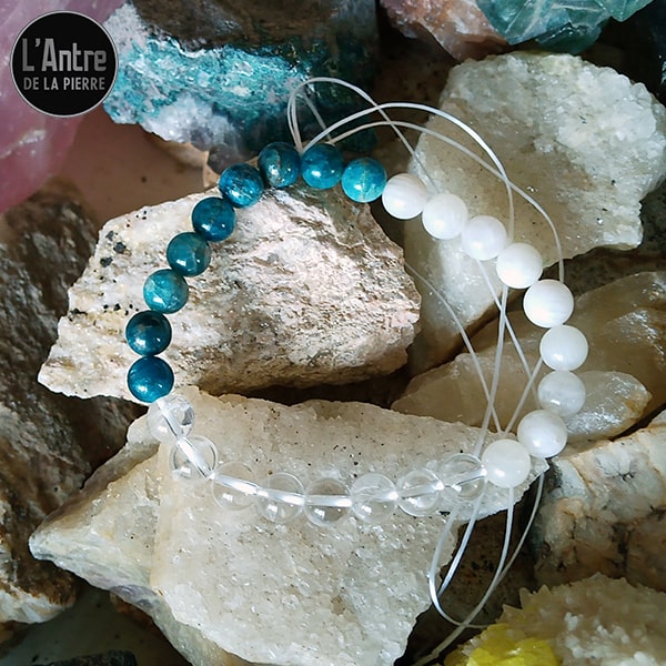 Commande  Suzie - Bracelet Apatite Bleue, Cristal de Roche et Pierre de Lune Boules de 7,5 et 8 mm