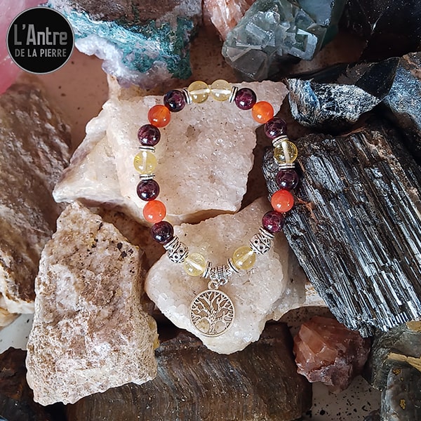 Commande Christine M. - Bracelet Citrine, Cornaline et Grenat Almandin avec un Arbre de Vie et des Breloques Argentées