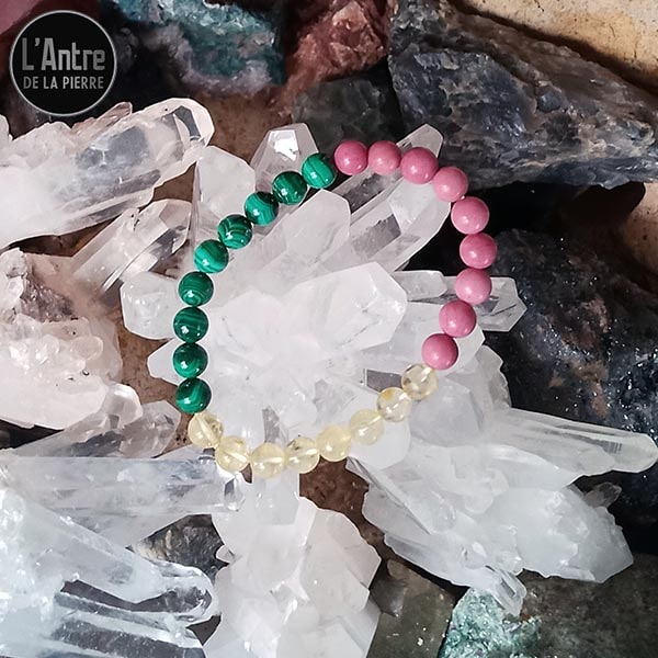 Commande Suzie Bracelet Malachite du Congo Qualité AA, Citrine, Rhodochrosite Qualité AA Boules de 8 mm et Bracelet Triple Protection