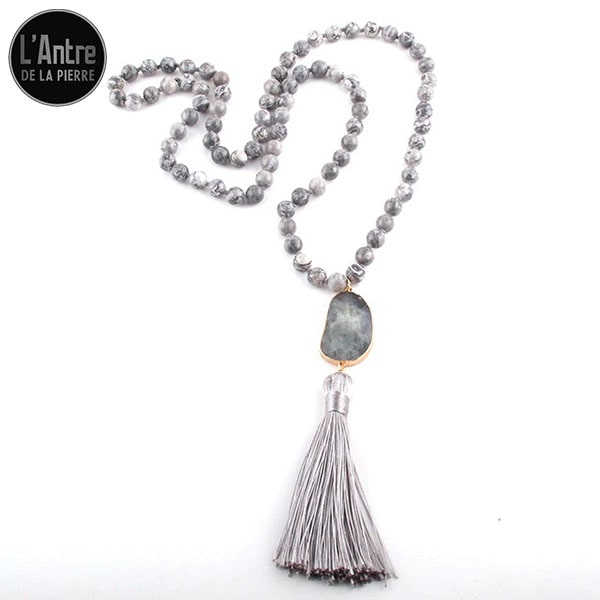 Long Collier de 86 cm en Jaspe Gris, Pierres Rondes de 8 mm, avec un Médaillon en Pierre et un Pompon Gris