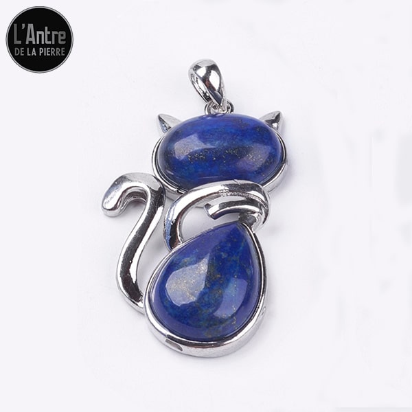 Pendentif Chat en lapis-lazuli, Métal Argenté et Chaîne Acier Inoxydable