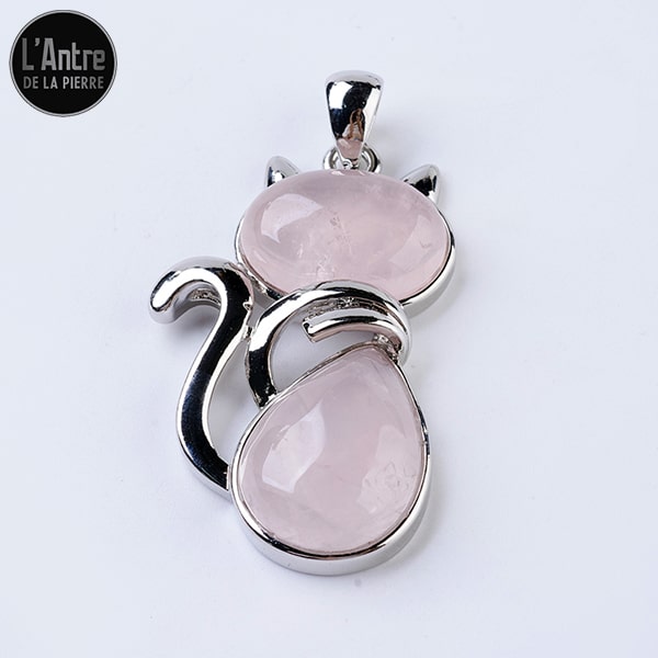 Pendentif Chat en quartz rose, Métal Argenté et Chaîne Acier Inoxydable