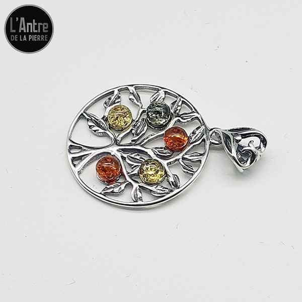 Réapprovisionnement Pendentif Arbre de Vie Circulaire et Sculpté en Argent 925 avec 5 Pierres d'Ambre et une Chaîne Argent 925