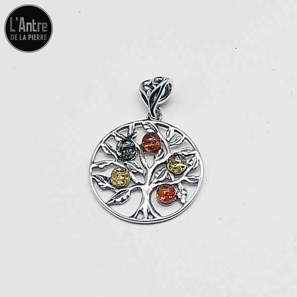Réapprovisionnement Pendentif Arbre de Vie Circulaire et Sculpté en Argent 925 avec 5 Pierres d'Ambre et une Chaîne Argent 925