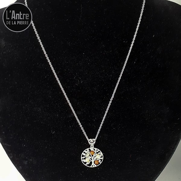 Pendentif Circulaire Arbre de Vie Sculpté en Argent 925 avec 5 Pierres d'Ambre et une Chaîne Argent 925 de 45 cm ou +