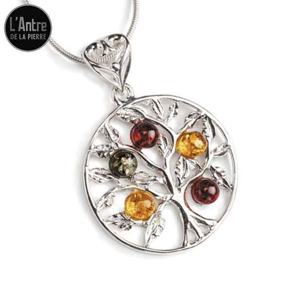 Réapprovisionnement Pendentif Arbre de Vie Circulaire et Sculpté en Argent 925 avec 5 Pierres d'Ambre et une Chaîne Argent 925