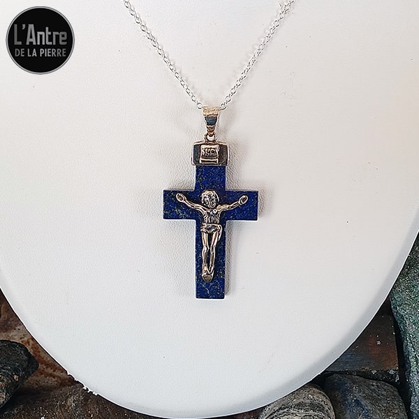 Pendentif avec un Christ en Argent Sterling 925 sur une Croix en Lapis-Lazuli d'Afghanistan de Qualité AA