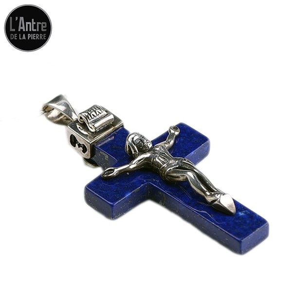 Pendentif avec un Christ en Argent Sterling 925 sur une Croix en Lapis-Lazuli d'Afghanistan de Qualité AA