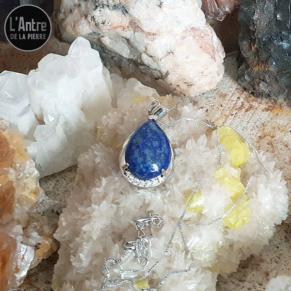 Pendentif Lapis-Lazuli d'Afghanistan et Argent Sterling 925 avec Une Chaîne en Argent