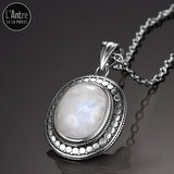 Pendentif Pierre de Lune Arc en Ciel Ovale Sertie en Argent 925 Style Antique
