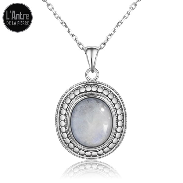 Pendentif Pierre de Lune Arc en Ciel Ovale Sertie en Argent 925 Style Antique