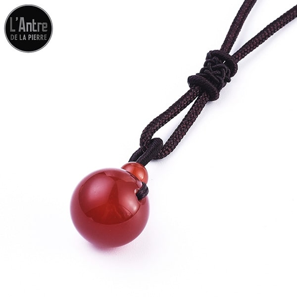 Pendentif Pierre Naturelle Boule de 16 mm et une de 6 mm avec Cordon Marron Nœud Amovible