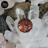 Pendentif Arbre de Vie Rond jaspe rouge en Acier Argenté et Chaîne Acier Inox de 50 cm