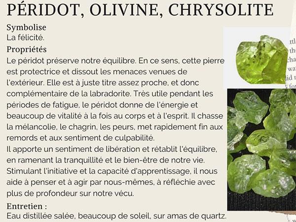 Propriétés, Significations et Vertus du Péridot ou Olivine ou Chrysolite