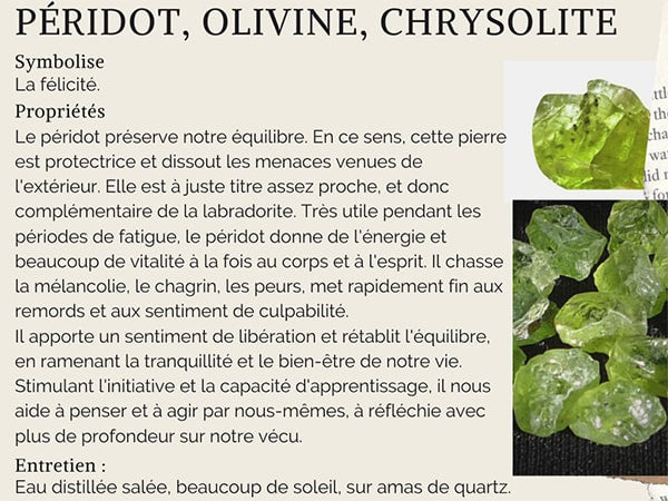 Vertus et propriétés du péridot ou olivine ou chrysolite